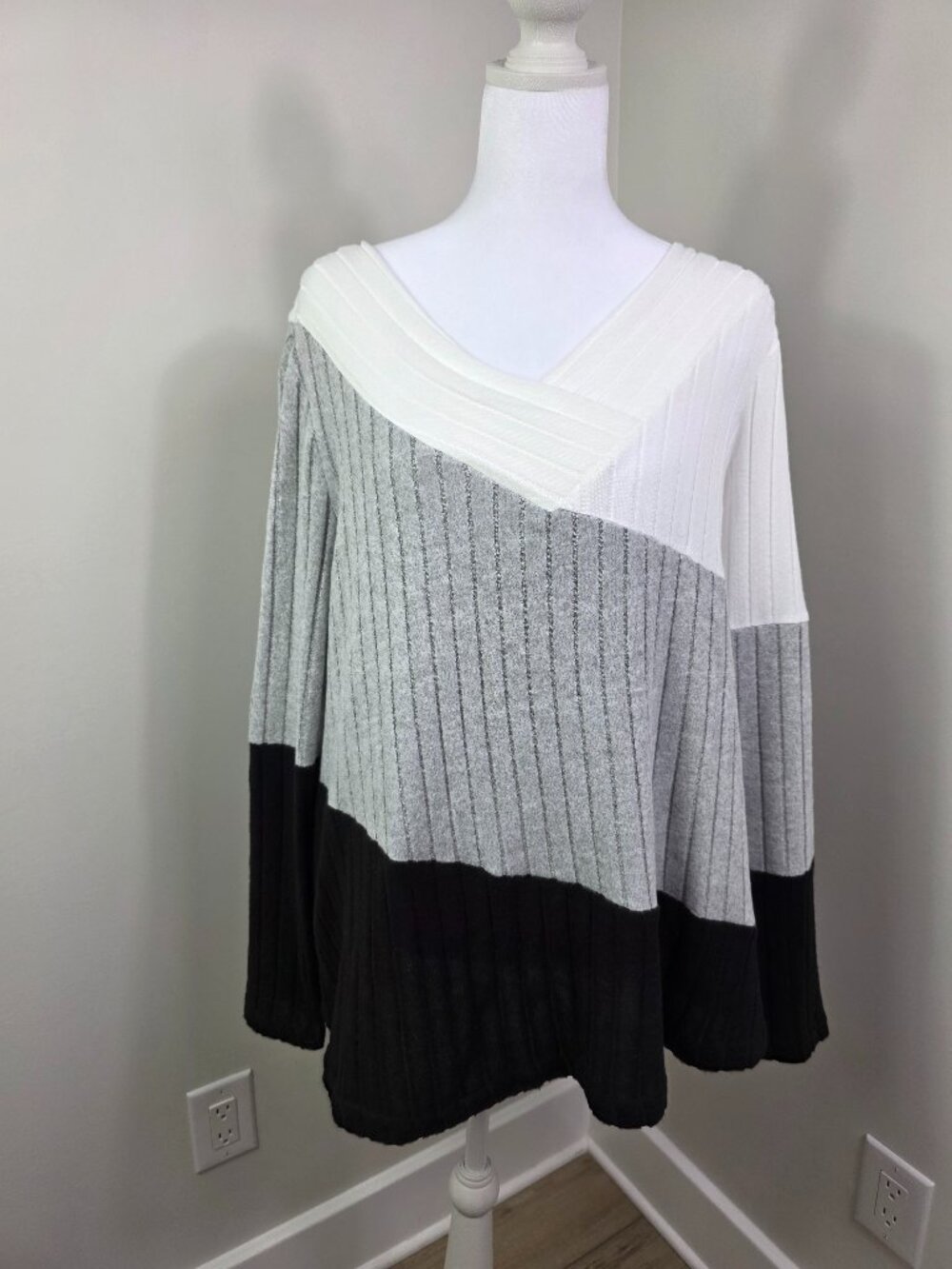 SHEIN Curve Plus Size Colorblock Ribbed V Neck Sweater Black Gray White Size 1XL